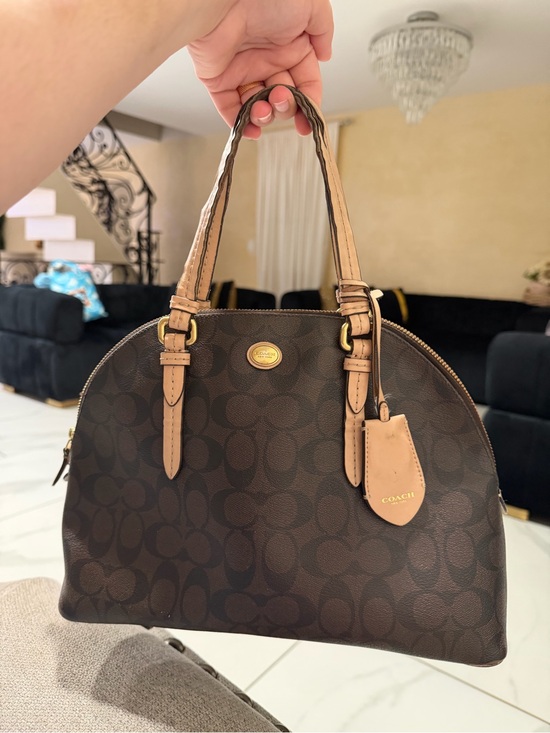 Coach Handbags - Coach Dark Brown Signature Canvas Dome Satchel with Tan Leather Handles